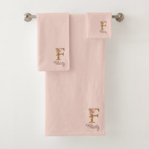 Nom personnalisé Lettre F Rose Blush Feuille d'Or