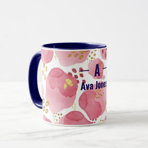 Nom personnalisé Mug floral rose - Aquarelle initi