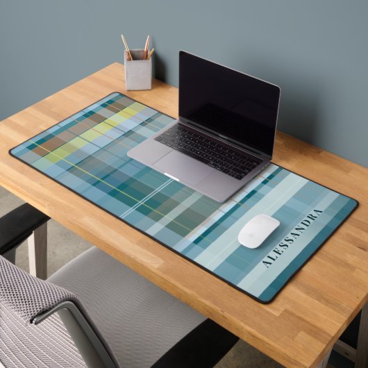 Nom personnalisé Plaid Check Blue Teal Moderne Élé (Bureau 2)