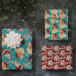 Nom personnalisé Retro Santa Claus Christmas Trio<br><div class="desc">Ensemble de trois modèles de papier d'emballage à thème père Noël turquoise et rouge corail, tous avec des figures de style santa du milieu du siècle vintage. L'une de ces feuilles d'emballage cadeau de Noël permet même un nom de famille personnalisé, le nom de l'entreprise, ou tout texte personnalisé que...</div>