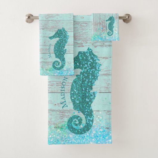 nom personnalisé seahorse bois turquoise rustique (En situation)