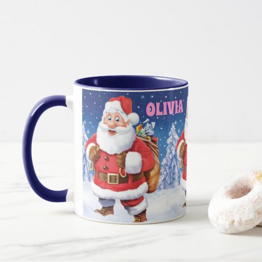 Nom personnalisé tasse à café de Noël, Jolly Santa (Avec donut)