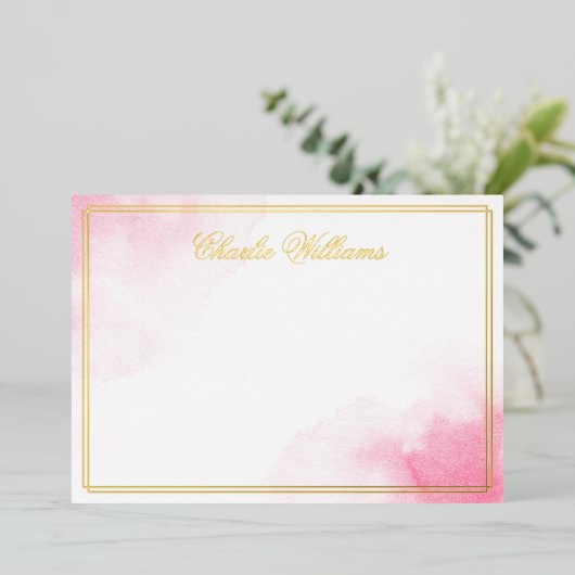 Nom romantique script rose aquarelle feuille carte (Debout devant)