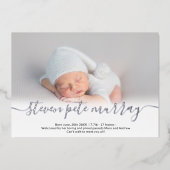 Nom script photo bébé argent faire-part de naissan (Recto)