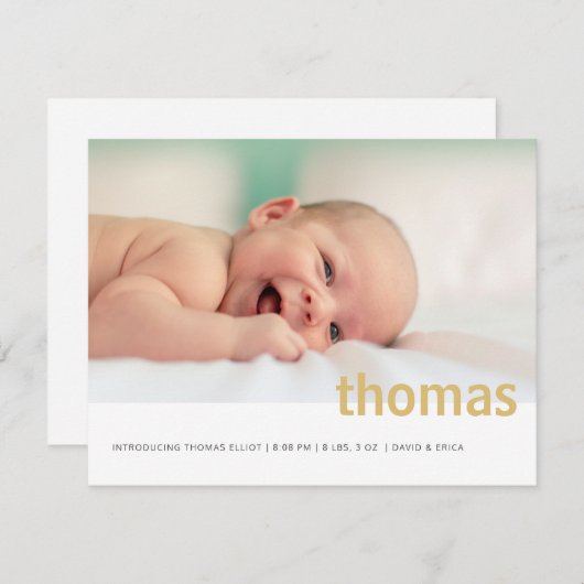 Nom simple en gras Photo Faire-part bébé (Devant / Derrière)