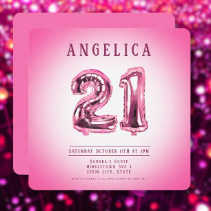 Nombre rose Ballons 21e Invitation anniversaire