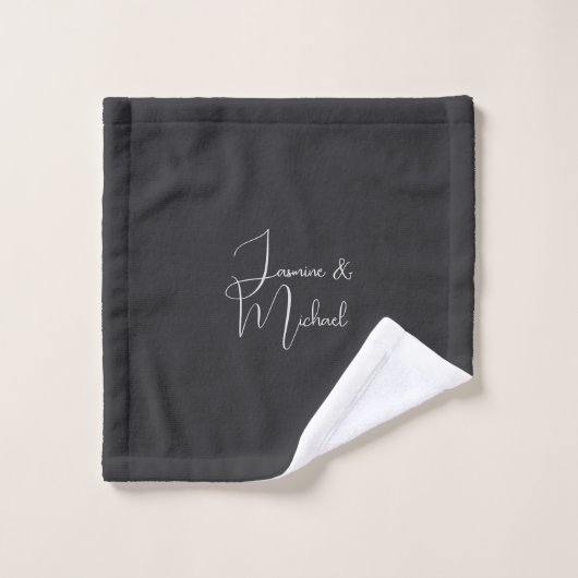 Noms de Couple Mariage Écriture Main Noir Mat (Gant de toilette)