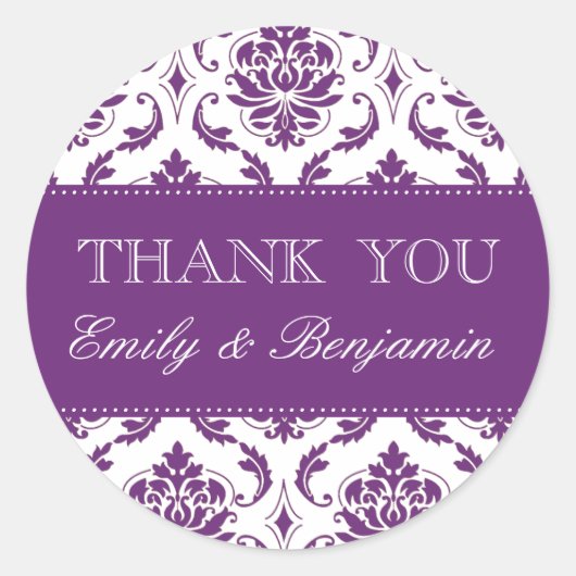 Noms de mariage Merci pourpre Damask Étiquettes (Devant)