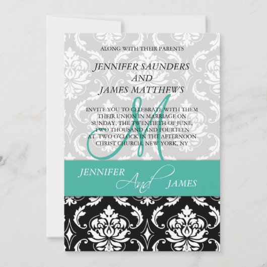 Noms de monogrammes turquoise Damask Faire-part de (Devant)