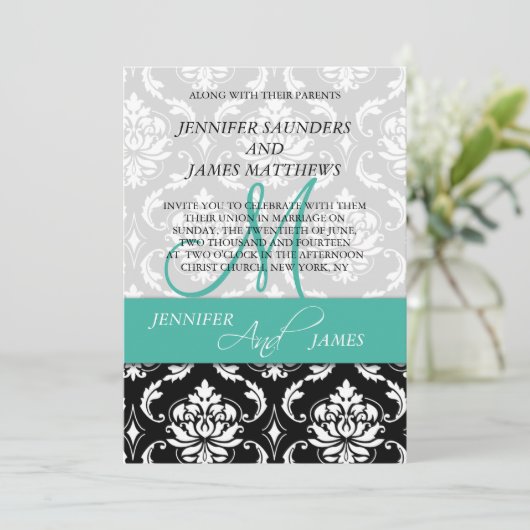 Noms de monogrammes turquoise Damask Faire-part de (Debout devant)