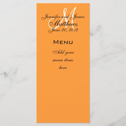 Noms Monogrammes Date Mariage Cartes de menu Orang (Devant)