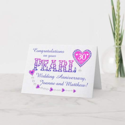 Noms personnalisés 30e Mariage Pearl Carte Anniver (Devant)