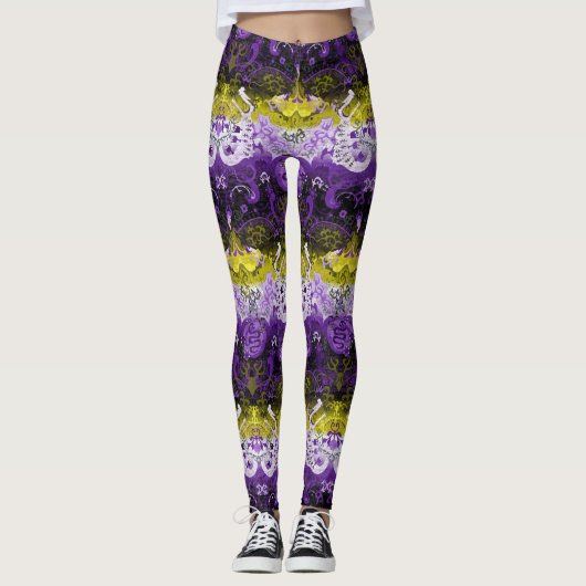Non-Binary Dragon Damask - NonBinary Pride Vlag Leggings (Voorkant)