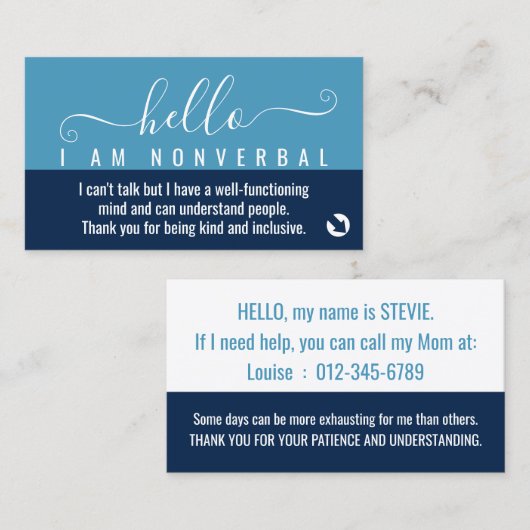 Non-verbale bewustwording en noodcontact visitekaartje (Voorkant / Achterkant)