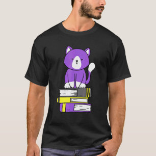 Nonbinair Subtiele Pride Schattige Kat Boek Stapel T-shirt