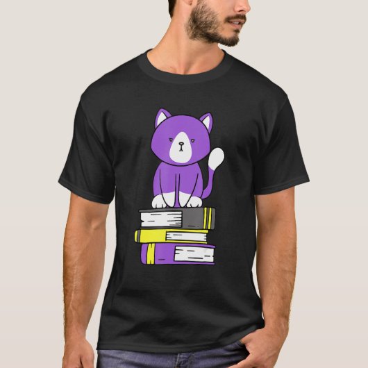 Nonbinary subtiel Pride Cute Cat Book Pile Non Bin T-shirt (Voorkant)