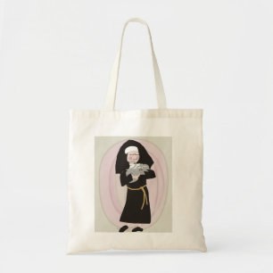 Nonne tenant le sac fourre-tout gris à chat