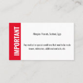 Noodallergische foto voor identificatie van kinder visitekaartje (Achterkant)