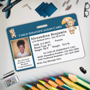 Noodidentificatiekaart voor kinderen met foto badge