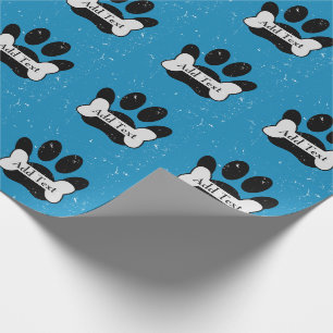 Noodlijdende hond poot print en bot op baby blauw cadeaupapier