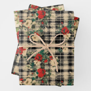 Noodlijdende Kerst Plaid Florals Zwart Rood Beige Inpakpapier Vel