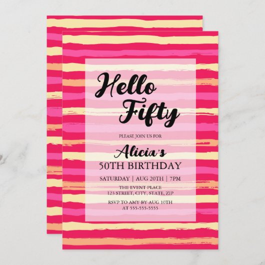 Noodlijdende Strepen Roze Kleurrijke 50ste Verjaar Kaart (Voorkant / Achterkant)
