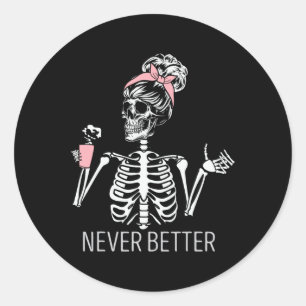 Nooit beter Skelet Drink Coffee Halloween Co Ronde Sticker