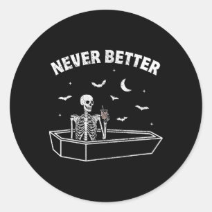 Nooit beter skelet van schedel zat in een doodskis ronde sticker