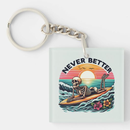 Nooit beter - Skeleton Surfing Sunset Wave Design Sleutelhanger (Voorkant)