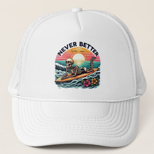 Nooit beter - Skeleton Surfing Sunset Wave Design Trucker Pet (Voorkant)