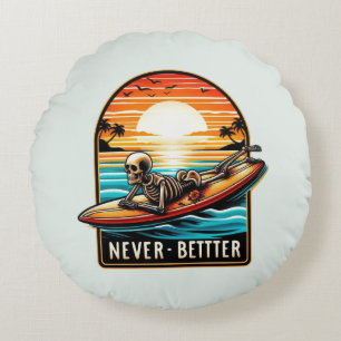 Nooit beter - Skeleton Surfing Sunset Wave Rond Kussen