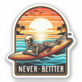Nooit beter - Skeleton Surfing Sunset Wave Sticker (Voorkant)