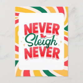 'Nooit Sleigh Nooit' briefkaart met retro-wave ker