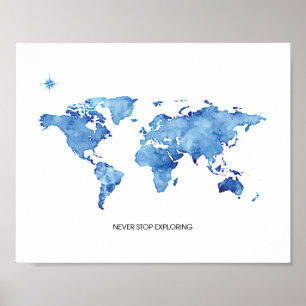 Nooit Stoppen met Verkennen Blauwe Wereldkaart Rei Poster