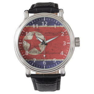 Noord-Korea vlag op oude houten graan Horloge