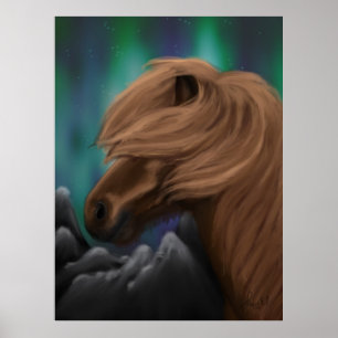 Noordelijke bries: IJslands paard in middernacht Poster