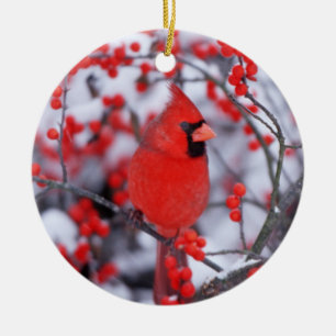 Noordelijke Kardinaal mannetje, Winter, IL Keramisch Ornament