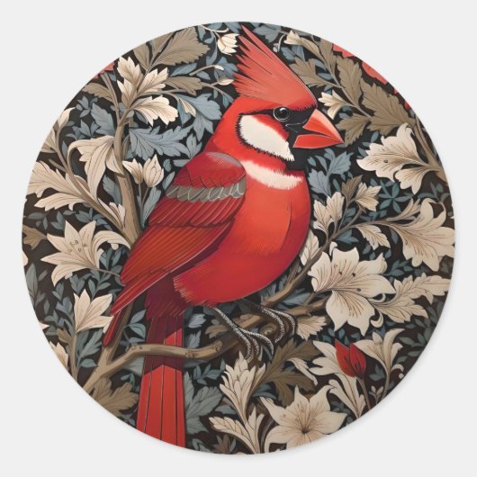 Noordelijke kardinaal vogel William Morris geïnspi Ronde Sticker (Voorkant)