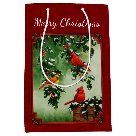 Noordelijke Kardinalen en Holly Red Medium Cadeauzakje (Voorkant)