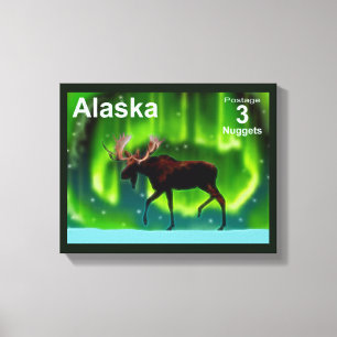 Noordelijke Lichten Moose - Alaska Postage Canvas Afdruk