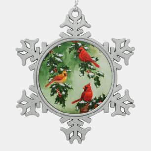 Noordelijke Rode Kardinalen en Holly Tin Sneeuwvlok Ornament