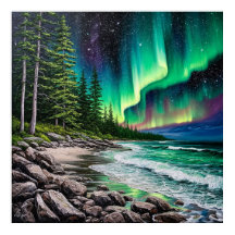 Noorderlicht boven een rotsachtige kustlijn