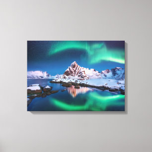 Noorderlicht en besneeuwde bergen canvas afdruk