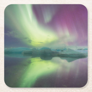 Noorderlicht in lagune   Jokulsarlon, IJsland Vierkante Kartonnen Onderzetter