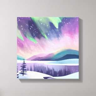 Noorderlicht Kleurrijke Winter Nacht Waterverf Canvas Afdruk