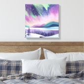 Noorderlicht kleurrijke winternacht | Waterverf Canvas Afdruk (Insitu (Slaapkamer))