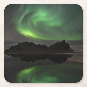 Noorderlicht Vestrahorn Beach Hofn, IJsland Vierkante Kartonnen Onderzetter
