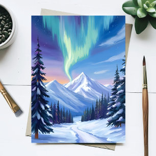 Noorderlicht Winter Berglandschap Waterverf Briefkaart
