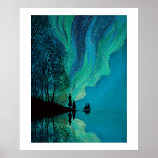 Noorderlicht, zeilsloep bij het zee poster