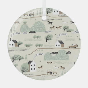 Noords landschap: kleurrijke huizen bomen patroon glas ornament